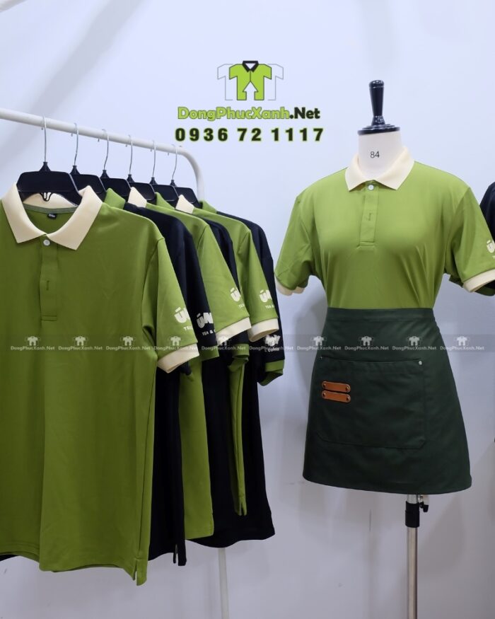 Áo thun đồng phục quán trà sữa Ún Đy, chất cá sấu poly, thiết kế thoải mái, in logo nổi bật