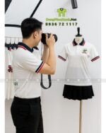 Áo thun đồng phục Thiên Ngưu màu trắng cổ bo viền, in logo trước và sau