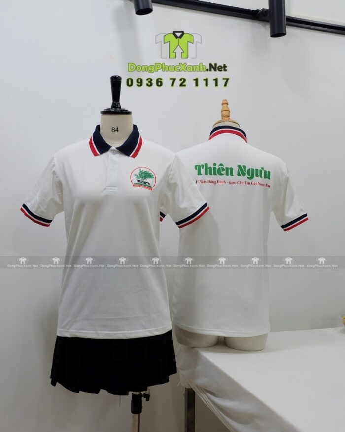 Áo thun đồng phục Thiên Ngưu màu trắng cổ bo viền, in logo trước và sau