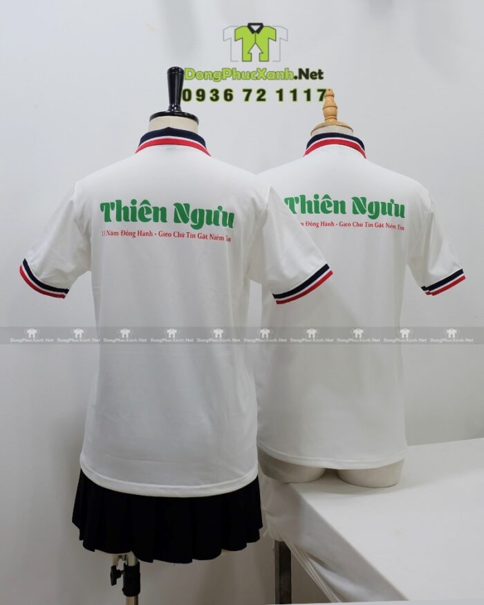 Áo thun đồng phục Thiên Ngưu màu trắng cổ bo viền, in logo trước và sau