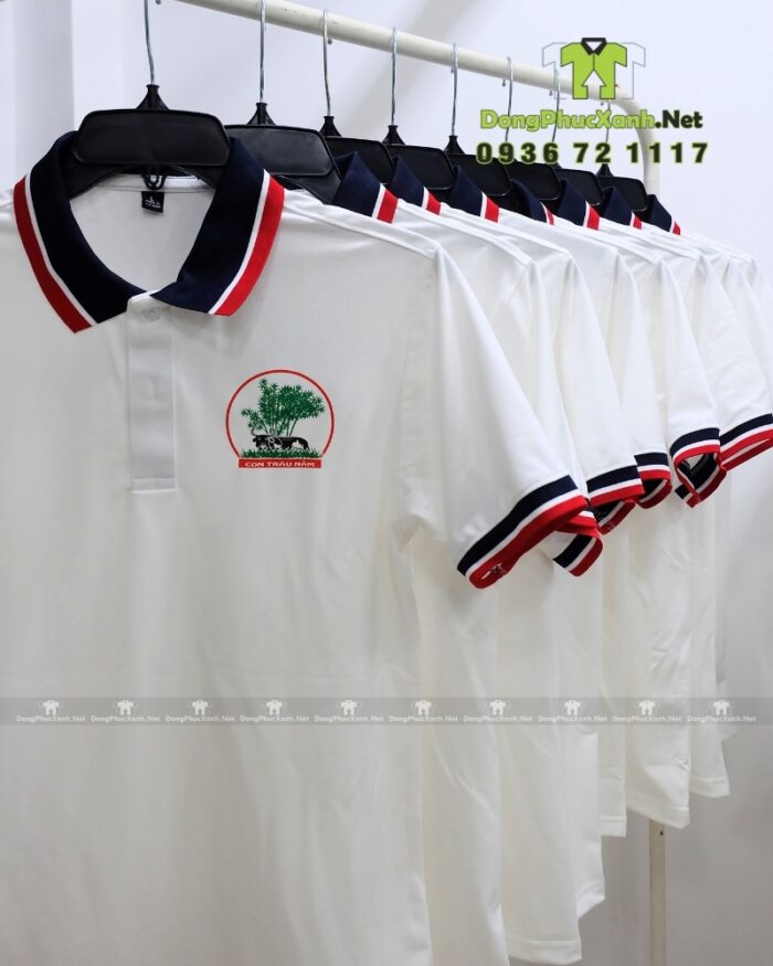 Áo thun đồng phục Thiên Ngưu màu trắng cổ bo viền, in logo trước và sau