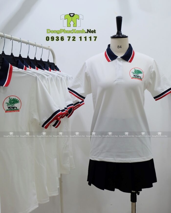 Áo thun đồng phục Thiên Ngưu màu trắng cổ bo viền, in logo trước và sau