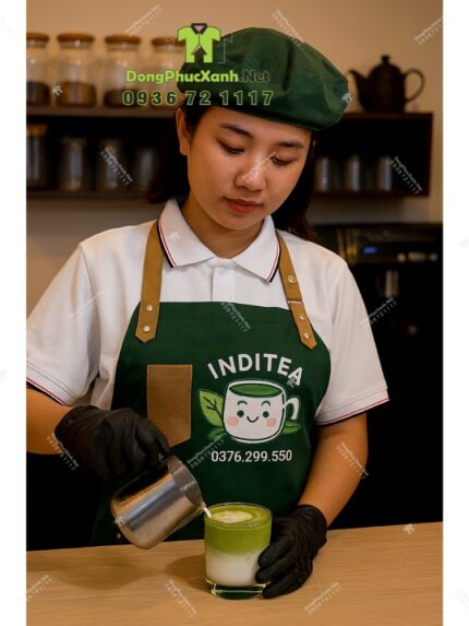 Đồng phục quán cà phê gồm tạp dề và nón in logo INDI TEA