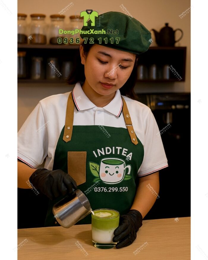 Đồng phục quán cà phê gồm tạp dề và nón in logo INDI TEA