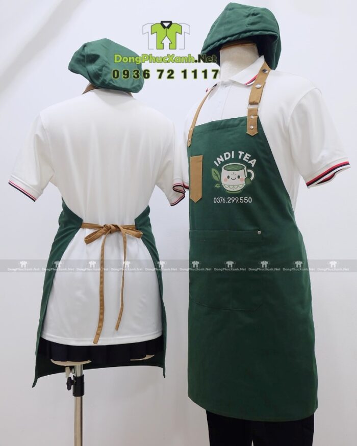 Đồng phục quán cà phê gồm tạp dề và nón in logo INDI TEA