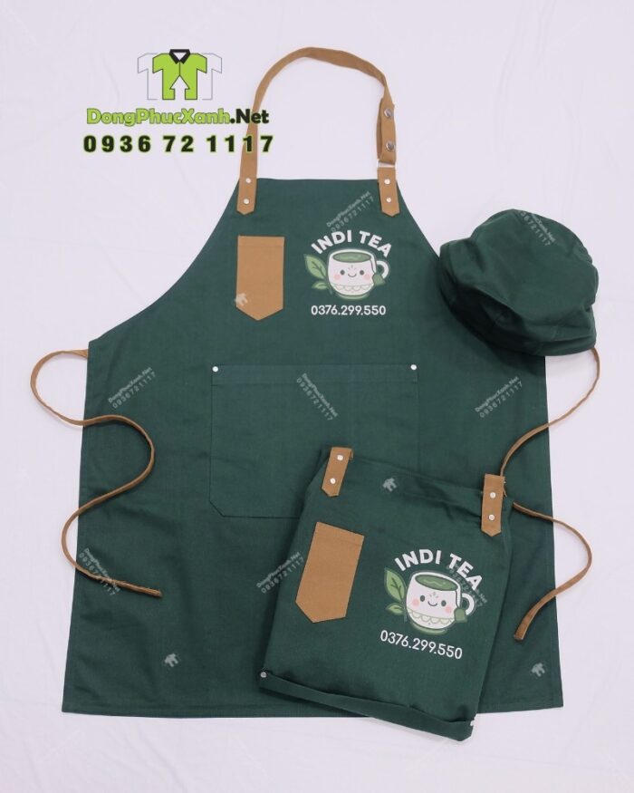 Đồng phục quán cà phê gồm tạp dề và nón in logo INDI TEA