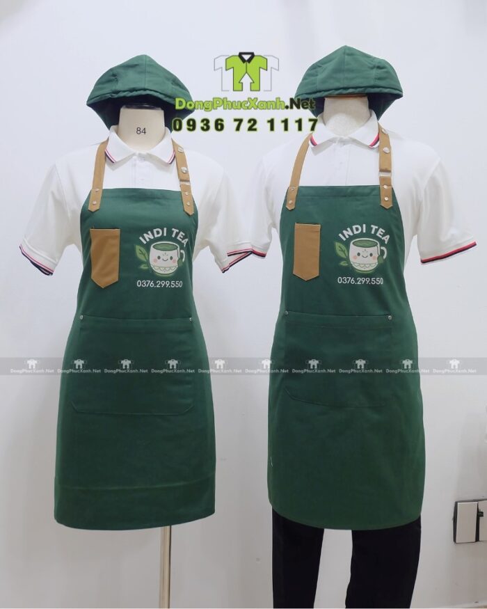 Đồng phục quán cà phê gồm tạp dề và nón in logo INDI TEA