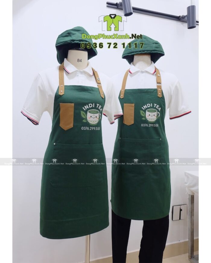 Đồng phục quán cà phê gồm tạp dề và nón in logo INDI TEA