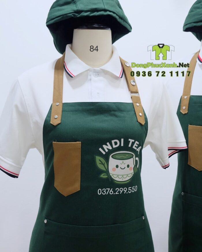 Đồng phục quán cà phê gồm tạp dề và nón in logo INDI TEA
