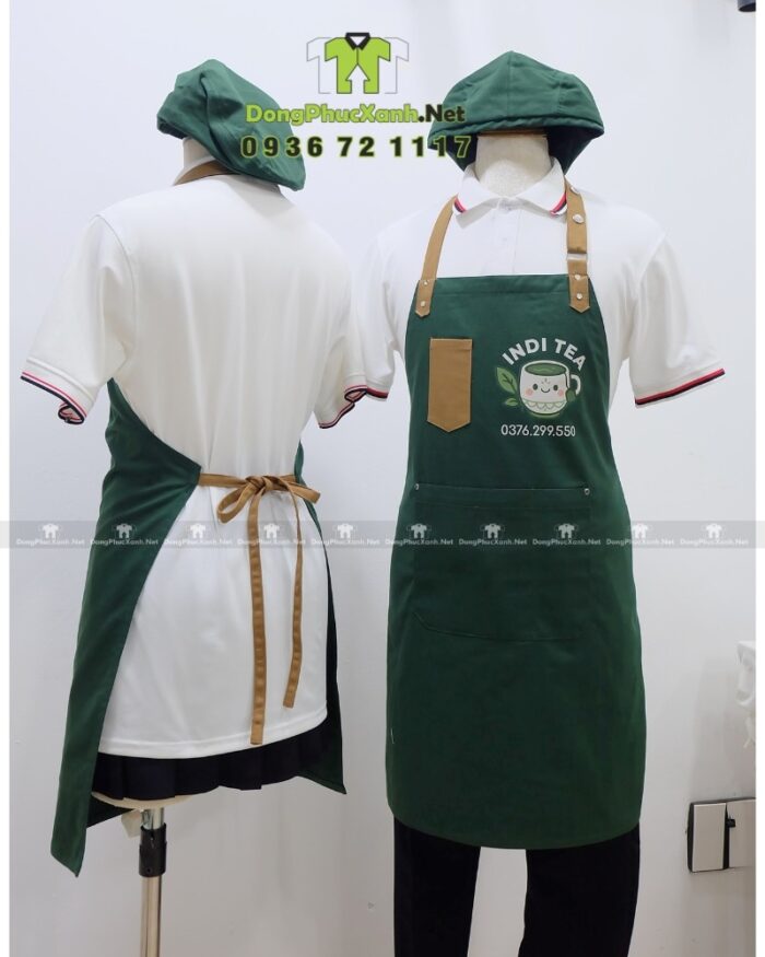 Đồng phục quán cà phê gồm tạp dề và nón in logo INDI TEA