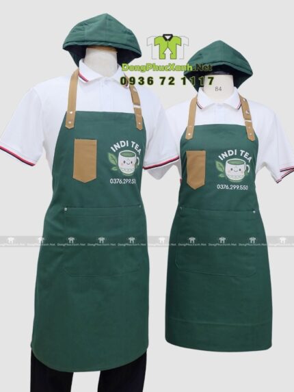 Đồng phục quán cà phê gồm tạp dề và nón in logo INDI TEA
