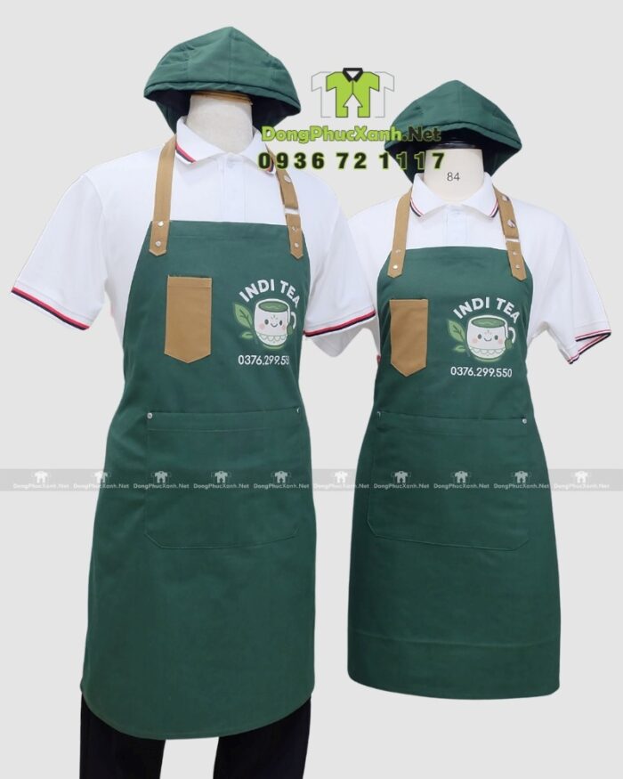 Đồng phục quán cà phê gồm tạp dề và nón in logo INDI TEA