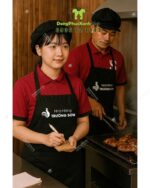 Bộ đồng phục nhà hàng Trường Sơn gồm áo thun màu đỏ, tạp dề và nón đồng phục màu đen