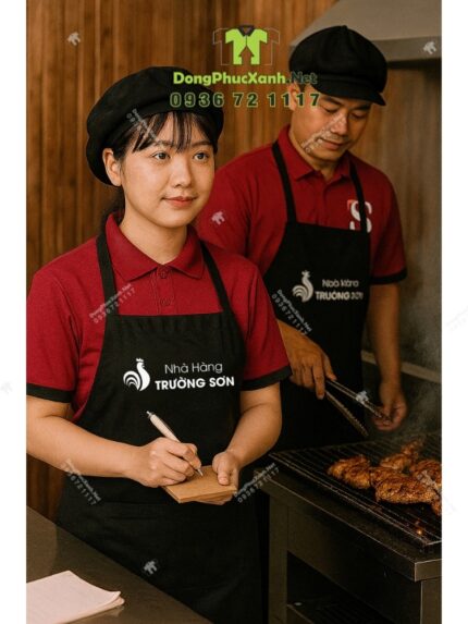 Bộ đồng phục nhà hàng Trường Sơn gồm áo thun màu đỏ, tạp dề và nón đồng phục màu đen