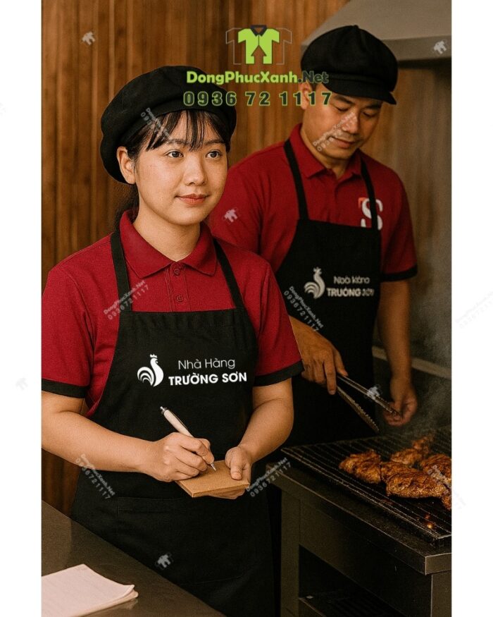 Bộ đồng phục nhà hàng Trường Sơn gồm áo thun màu đỏ, tạp dề và nón đồng phục màu đen