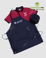 Bộ đồng phục nhà hàng Trường Sơn gồm áo thun màu đỏ, tạp dề và nón đồng phục màu đen