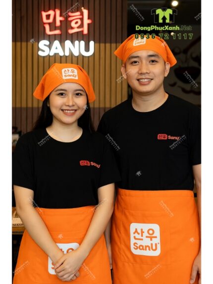Bộ đồng phục SanU gồm áo thun đen, tạp dề cam và khăn tam giác