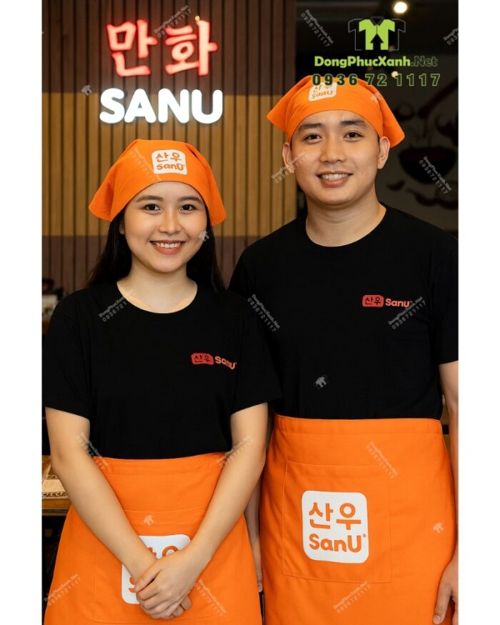 Bộ đồng phục SanU gồm áo thun đen, tạp dề cam và khăn tam giác