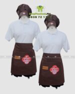 Tạp dề ngắn và nón đồng phục phục vụ màu nâu in logo Yagami