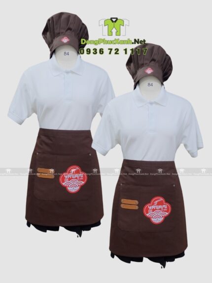 Tạp dề ngắn và nón đồng phục phục vụ màu nâu in logo Yagami
