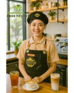 Bộ đồng phục gồm áo thun màu be và tạp dề đen, in logo Sip & Savour nổi bật