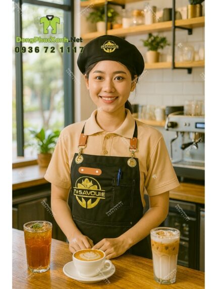 Bộ đồng phục gồm áo thun màu be và tạp dề đen, in logo Sip & Savour nổi bật