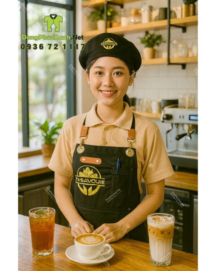 Bộ đồng phục gồm áo thun màu be và tạp dề đen, in logo Sip & Savour nổi bật