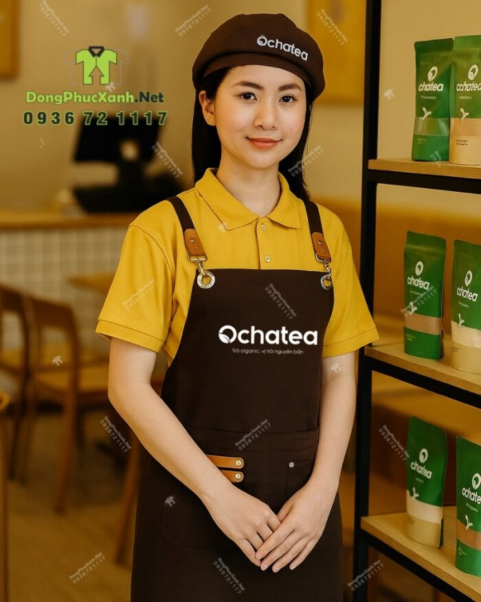 Bộ đồng phục quán trà sữa gồm tạp dề và mũ kaki cotton màu nâu