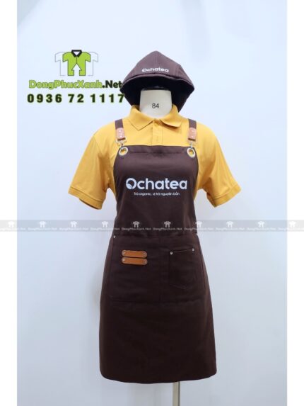 Bộ đồng phục quán trà sữa gồm tạp dề và mũ kaki cotton màu nâu