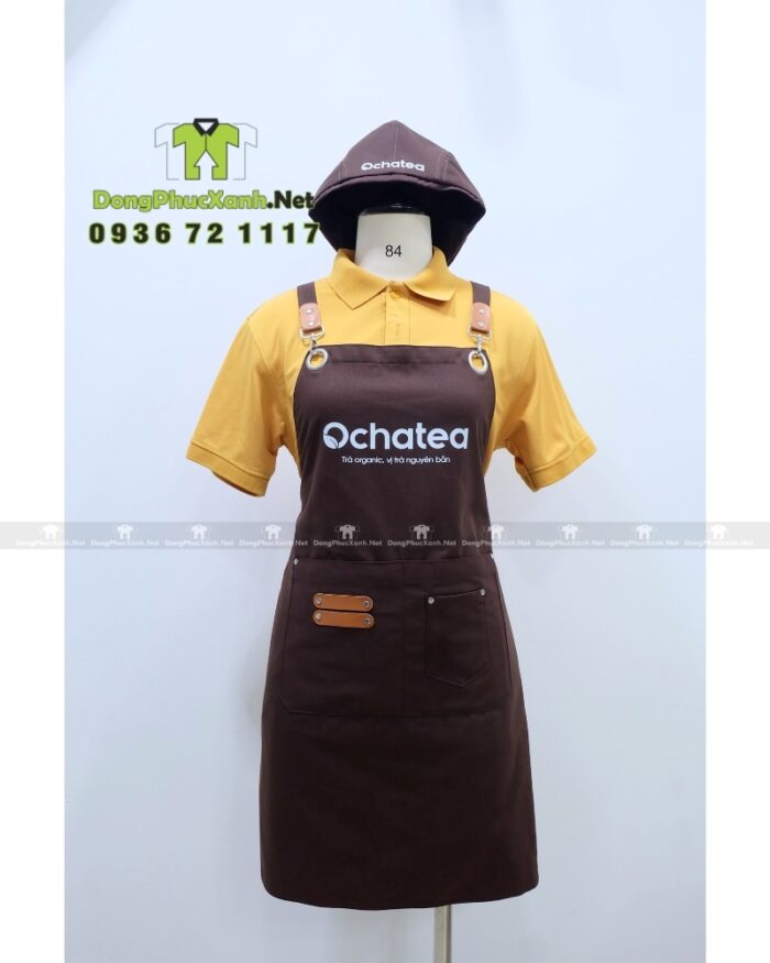 Bộ đồng phục quán trà sữa gồm tạp dề và mũ kaki cotton màu nâu