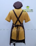 Bộ đồng phục quán trà sữa gồm tạp dề và mũ kaki cotton màu nâu