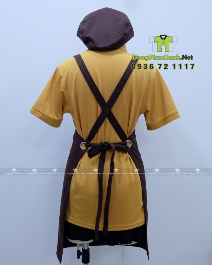 Bộ đồng phục quán trà sữa gồm tạp dề và mũ kaki cotton màu nâu