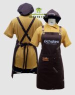 Bộ đồng phục quán trà sữa gồm tạp dề và mũ kaki cotton màu nâu