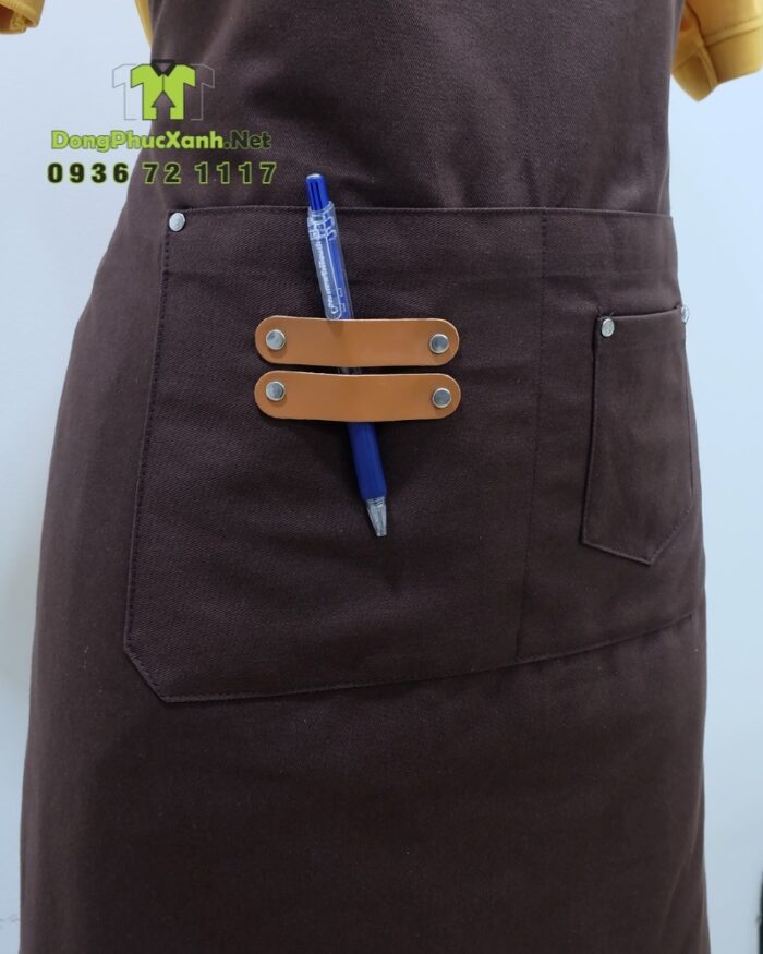 Bộ đồng phục quán trà sữa gồm tạp dề và mũ kaki cotton màu nâu