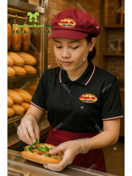 Bộ đồng phục nhân viên bánh mì gồm áo thun, tạp dề và nón màu đỏ đô