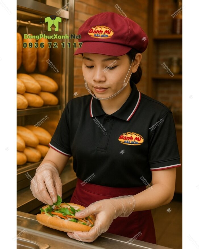 Bộ đồng phục nhân viên bánh mì gồm áo thun, tạp dề và nón màu đỏ đô