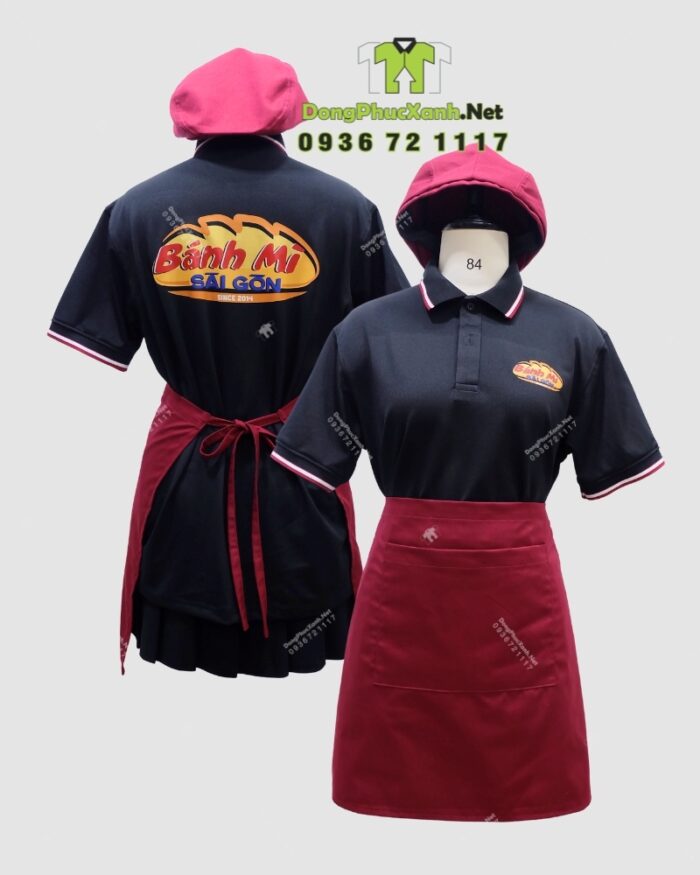 Bộ đồng phục nhân viên bánh mì gồm áo thun, tạp dề và nón màu đỏ đô