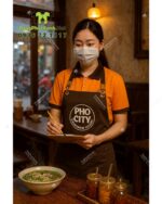 Bộ đồng phục quán ăn Pho City gồm áo thun cam và tạp dề nâu in logo nổi bật