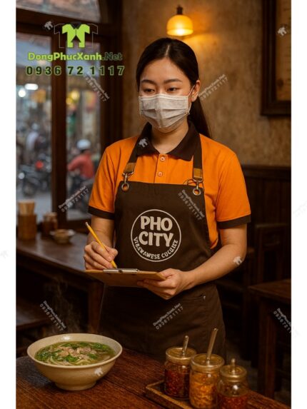 Bộ đồng phục quán ăn Pho City gồm áo thun cam và tạp dề nâu in logo nổi bật