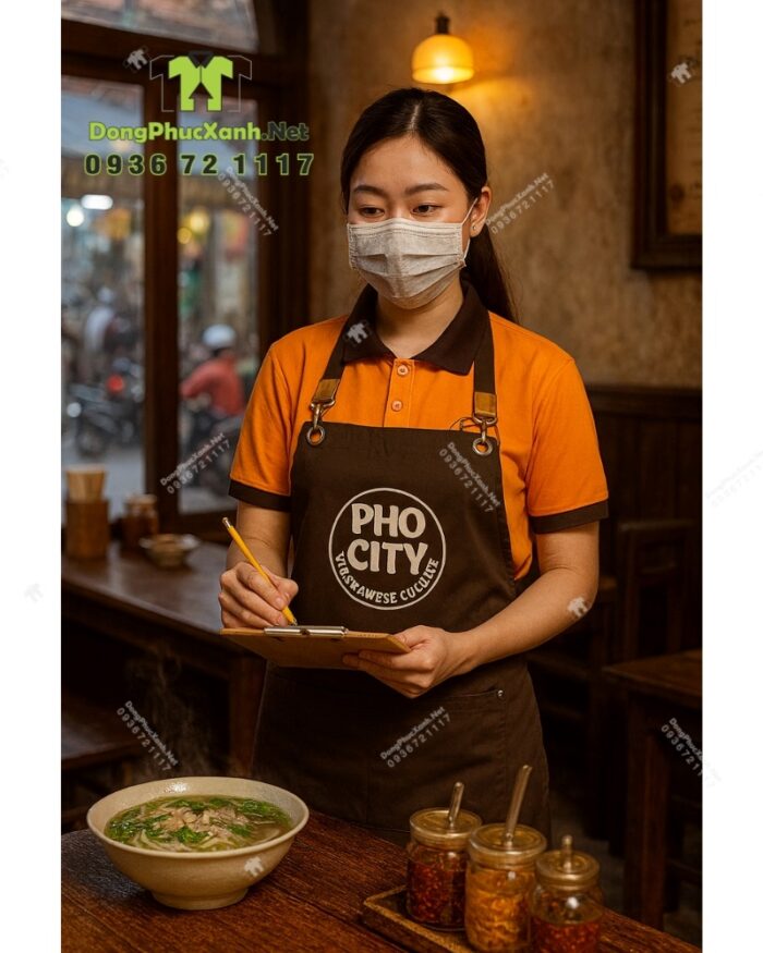 Bộ đồng phục quán ăn Pho City gồm áo thun cam và tạp dề nâu in logo nổi bật