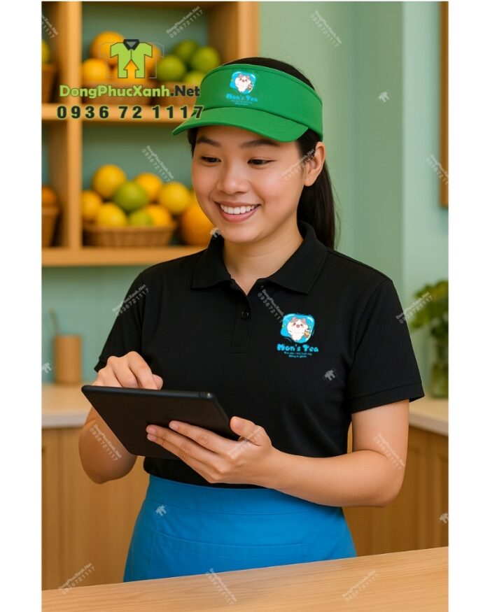 Đồng phục nhân viên Mon’s Tea gồm áo thun đen in logo và nón vải kaki xanh lá