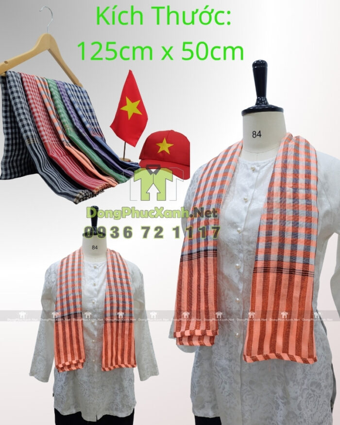 Khăn rằn Nam Bộ màu cam sọc caro kích thước 125x50cm, kiểu dáng truyền thống