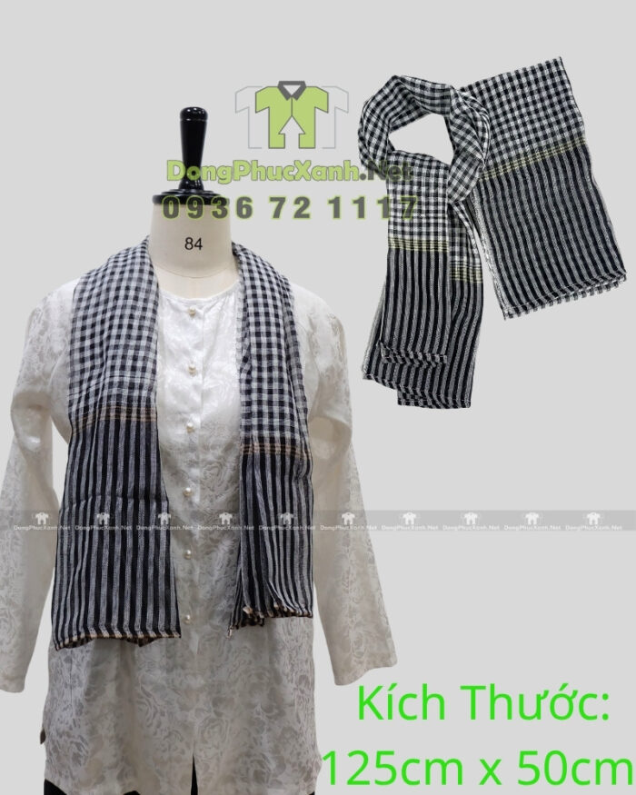Khăn rằn Nam Bộ sọc đen trắng chất liệu poly mềm, kích thước 125x50cm, mẫu truyền thống dễ sử dụng.