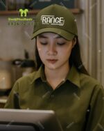 Nón đồng phục màu xanh rêu in logo RANGE, chất liệu kaki, thiết kế cứng cáp