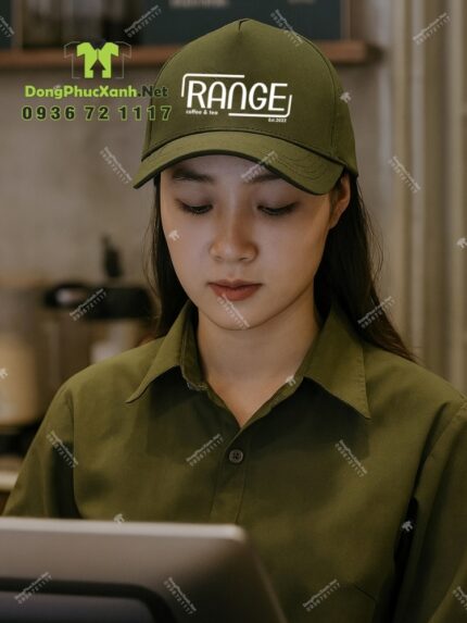 Nón đồng phục màu xanh rêu in logo RANGE, chất liệu kaki, thiết kế cứng cáp