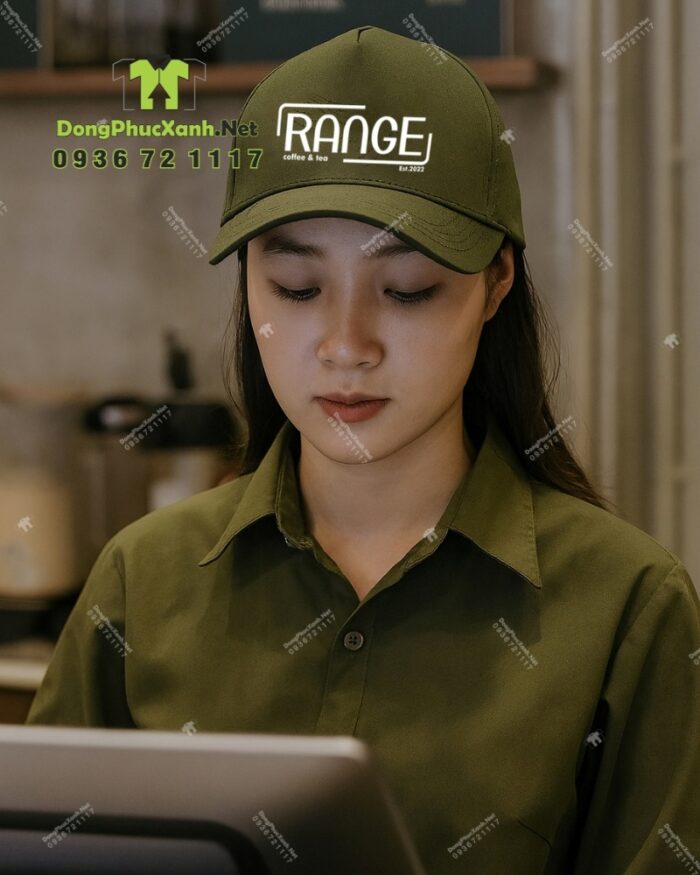 Nón đồng phục màu xanh rêu in logo RANGE, chất liệu kaki, thiết kế cứng cáp