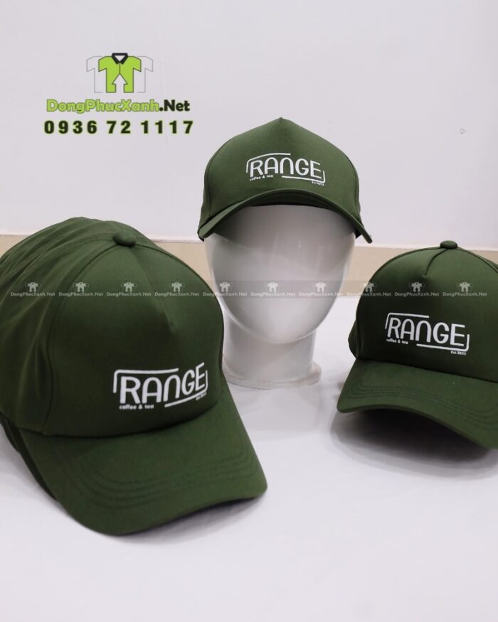 Nón đồng phục màu xanh rêu in logo RANGE, chất liệu kaki, thiết kế cứng cáp