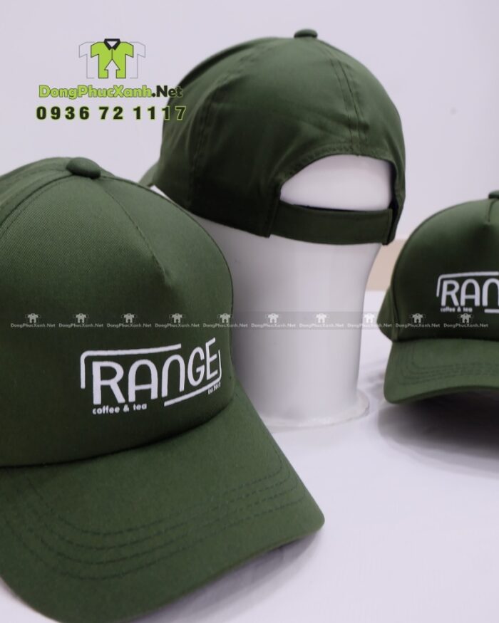 Nón đồng phục màu xanh rêu in logo RANGE, chất liệu kaki, thiết kế cứng cáp