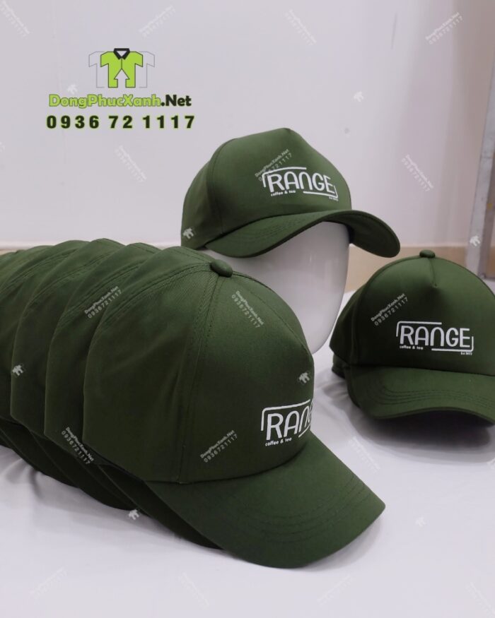 Nón đồng phục màu xanh rêu in logo RANGE, chất liệu kaki, thiết kế cứng cáp