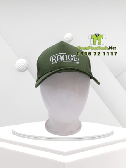Nón đồng phục màu xanh rêu in logo RANGE, chất liệu kaki, thiết kế cứng cáp